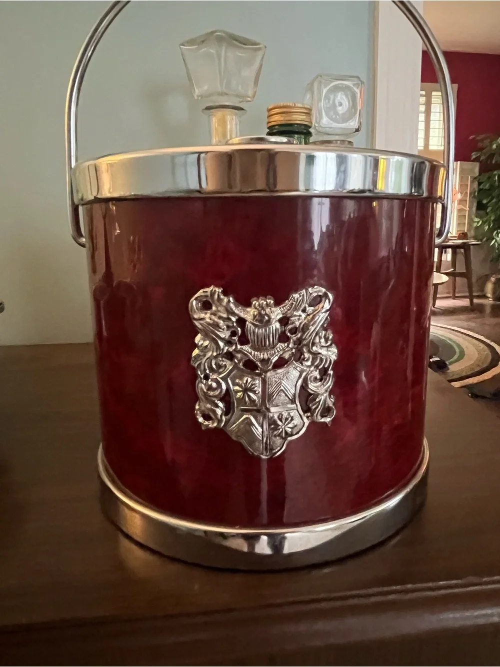 Vintage MCM Chrome Ice Bucket Stand W/embossed Merlot Vinyl Ice Bucket
